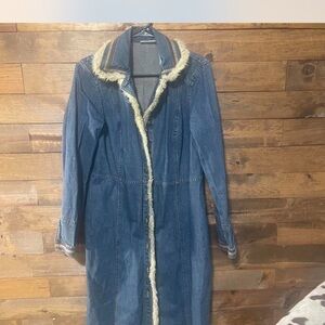 Denim Long Coat with Faux Shearling Trim - Blue